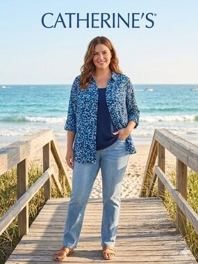 Catherines Teal and Blue Floral Print Button Down Blouse
